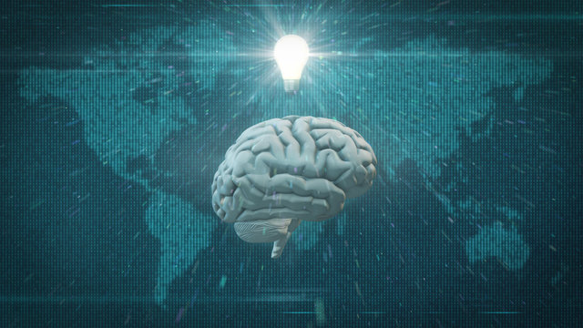 Brain in front of world map with light bulb lens flare suggesting computing concepts