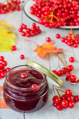   Ripe red viburnum berries and a small glass jar with freshly prepared jam on a light wooden table. Autumn harvest.  The source of natural vitamins. Used in folk medicine. 