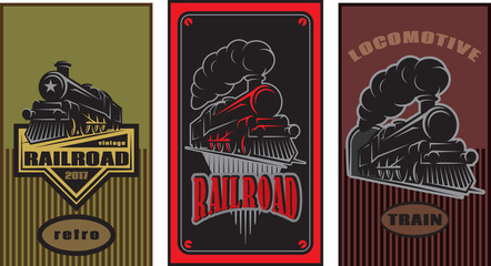 Set of colorful retro posters with a vintage locomotive. Vector illustration
