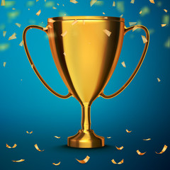 Trophy cup with golden confetti. Vector background. Winner concept.