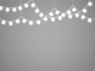 Christmas lights isolated on transparent background. Vector xmas glowing garland.