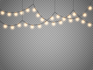 Christmas lights isolated on transparent background. Vector xmas glowing garland.