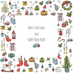 Set of hand drawn sketchy christmas elements Doodle vector illustration elements Candles gift boxes christmas tree wreath stocking candy canes cookie bells holly decoration calligraphy Merry Christmas