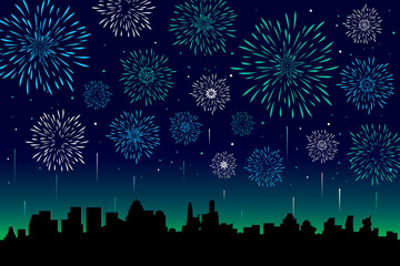 Fototapeta na wymiar Vector illustration of a festive fireworks display over the city at night scene for holiday and celebration background design.
