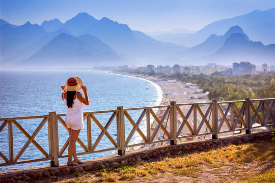 Fabulous beaches of the Turquoise Antalya coasts with mountain setting on the background