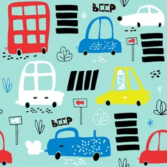 Tapeten Autos Nahtloses Muster mit Hand gezeichnetem nettem Auto. Cartoon-Autos, Straßenschild, Zebrastreifen-Vektor-Illustration. Perfekt für Kinderstoffe, Textilien, Kinderzimmer Tapeten