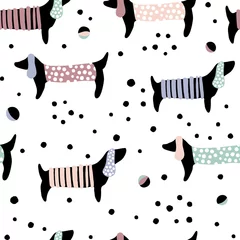 Tapeten Nahtloses Muster mit Dackeln und handgezeichneten Elementen. Kindliche Textur. Ideal für Stoff, Textil-Vektor-Illustration © solodkayamari