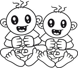 2 brüder team paar geschwister zwillinge lachen sitzend klein süß niedlich windel kind baby comic cartoon