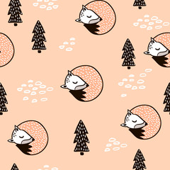 Seamless forest pattern with fox,branch and leaves.Minimalistic texture in scandinavian style.Vector background