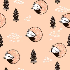 Abwaschbare Fototapete Fuchs Nahtloses Waldmuster mit Fuchs, Zweig und Blättern. Minimalistische Textur im skandinavischen Stil. Vektorhintergrund