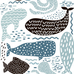 Naadloze patroon met zeedieren pelsrob, walvis, octopus, vis. Kinderachtige textuur voor stof, textiel in pastelkleuren. Vector achtergrond