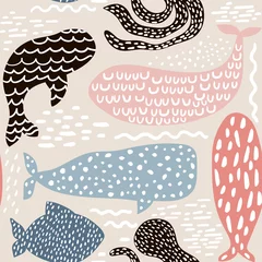 Photo sur Plexiglas Animaux marins Modèle sans couture avec phoque à fourrure d& 39 animaux marins, baleine, poulpe, poisson. Texture enfantine pour tissu, textile aux couleurs pastel. Fond de vecteur