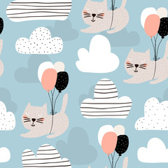 Nahtloses kindisches Muster mit netten Katzen, die mit Ballon fliegen. Kreativer Kindergarten Hintergrund. Perfekt für Kinderdesign, Stoffe, Verpackungen, Tapeten, Textilien, Bekleidung