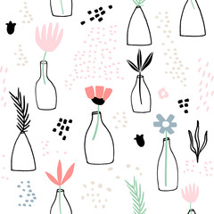 Seamless minimalistic pattern with ink flowers in vases. Creative fashion background. Perfect for fabric, wrapping, wallpaper, textile, apparel