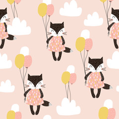 Seamless childish pattern with cute cats, air balloon, and clouds. Creative nursery background. Perfect for kids design, fabric, wrapping, wallpaper, textile, apparel