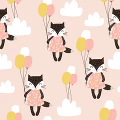 Wall murals Animals with balloon Seamless childish pattern with cute cats, air balloon, and clouds. Creative nursery background. Perfect for kids design, fabric, wrapping, wallpaper, textile, apparel