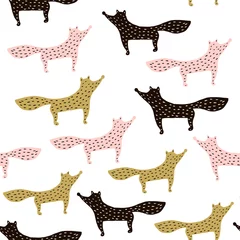Photo sur Plexiglas Renard Modèle sans couture de vacances avec des renards dessinés à la main. Fond de vecteur scandinave à la mode. Parfait pour emballer du papier, du tissu, du textile