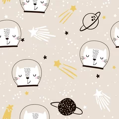 Foto op Plexiglas Naadloos kinderachtig patroon met schattige katten astronauten. Creatieve kinderkamer achtergrond. Perfect voor kinderontwerp, stof, verpakking, behang, textiel, kleding © solodkayamari
