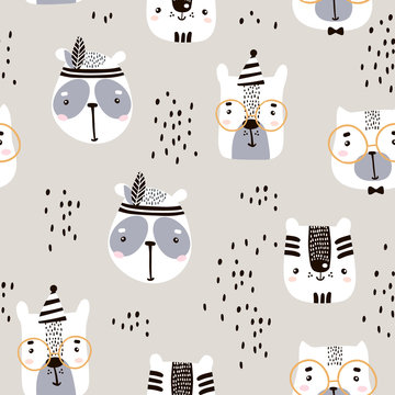 Seamless childish pattern with cute animal faces. Creative nursery background. Perfect for kids design, fabric, wrapping, wallpaper, textile, apparel