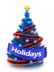 3d blue Christmas tree with holidays sign