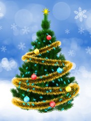 3d dark green Christmas tree over snow