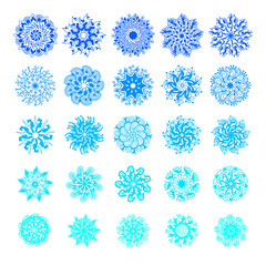 set of 25 blue bright hand drawing snowflakes