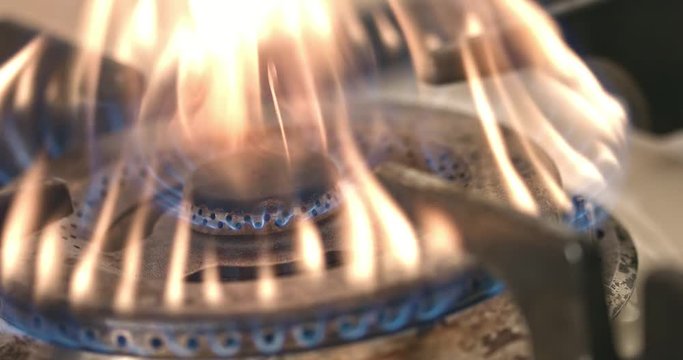 Kitchen gas cooker with burning fire propane gas