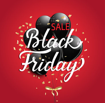 Black Friday Sale banner with black ballons and golden spangles on red background.
