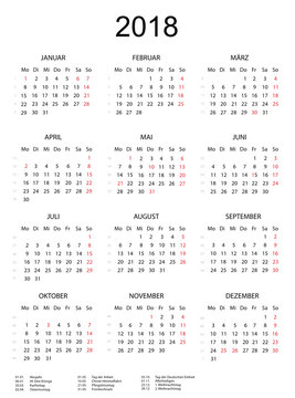 Kalender 2018 mit Feiertagen schlicht