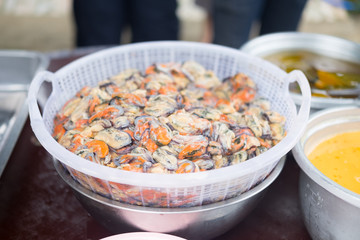 Many raw mussel prepare for cook is mussel pancakes