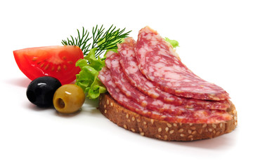 sandwich with smoked sousage isolated on white backgrund