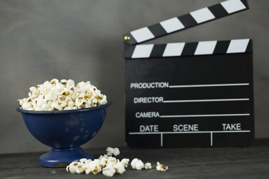 Movie Clapper Board and Popcorn