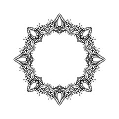 Round ornament frame, print of flowers, leaves and paisley ornament. Hand-drawn vector element in the style of a boho. Modern hipster fashion illustration in eastern Indian and southeast asia style.