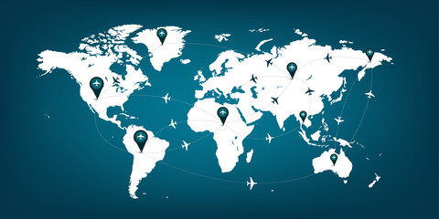 Route of plane on world map