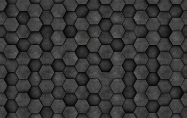 Dark concrete wall of hexagons. 3D rendering