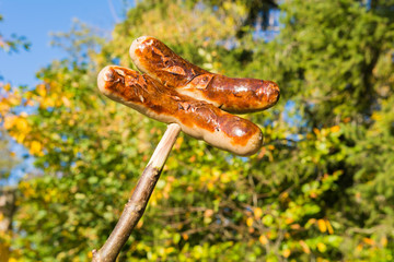 Wurst - Bratwurst auf dem spiess nach dem Grillieren mit farbigem Textfreiem Hintergrund 
