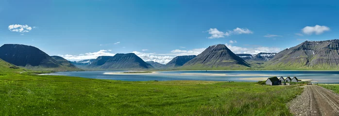 Draagtas Reis naar IJsland. prachtige zonsopgang boven de oceaan en de fjord in IJsland. IJslands landschap met bergen, blauwe lucht en groen gras op de voorgrond. Zicht op de weg naar huizen in het noordwesten © vitaliymateha