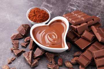 Melting chocolate or melted chocolate and chocolate swirl. stack and powder.