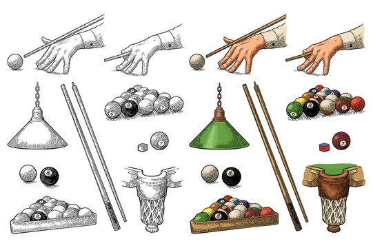 Set billiard. Stick, balls, chalk, pocket and lamp.Vintage black engraving