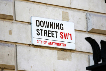 Downing Street road sign in the city of London, England