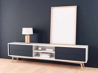 Oak wooden poster Frame standing on console in modern interior. 3d rendering