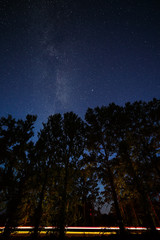 The stars of the milky way in the night sky over a highway in the forest.