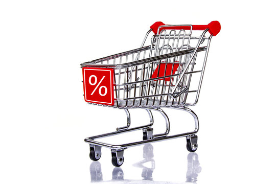 Shopping cart with percent sign, sale isolated on white background