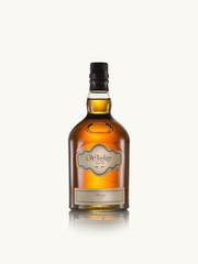 close up view of whiskey bottle on white back. self made label.