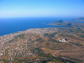 Suburbs of Athens, Aegean sea and mountains from aerial view. Seascape and landscape of Greece. 