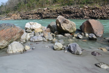 Wet rocks on the river bank