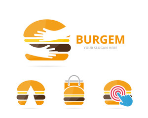 Set of burger logo combination. Hamburger and embrace symbol or icon. Unique fastfood and team, friendship logotype design template.