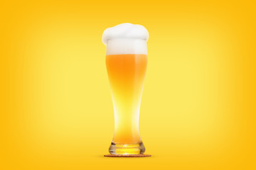 Glass of beer close-up with froth over yellow background