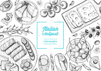 Italian food top view. A set of Italian Antipasti. Food menu design template. Vintage hand drawn sketch vector illustration. Engraved image