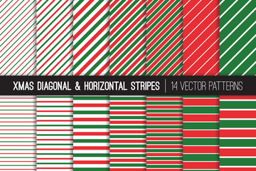 Christmas Candy Cane and Pin Stripes Seamless Vector Patterns. Red Green Xmas Diagonal and Horizontal Striped Minimal Backgrounds. Variable Thickness Lines. Pattern Tile Swatches Included.